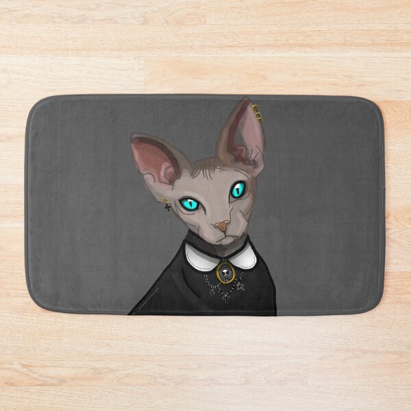 Item preview, Gothic Sphinx in black dress Blue eyes Grey Hairless cat print grey background  designed and sold by DemonicGloom.