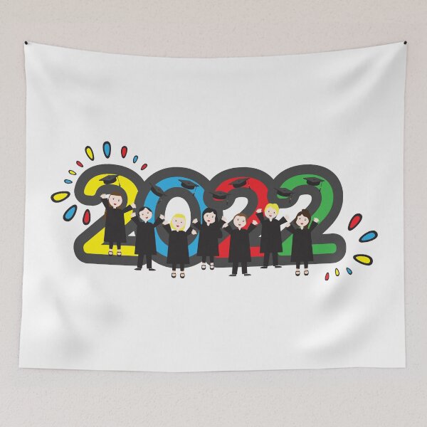 Item preview, Class of 2022 banner, colorful numbers numbers behind students wearing academic caps designed and sold by sigdesign.