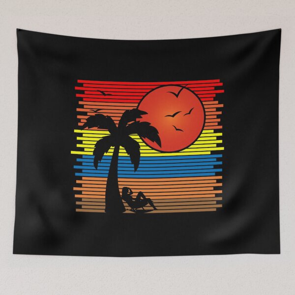Artikelvorschau, Retro Vintager Sonnenuntergang mit Palme-Strandrand-Schattenbild - Sonnenuntergang entworfen und verkauft von vinailionel.