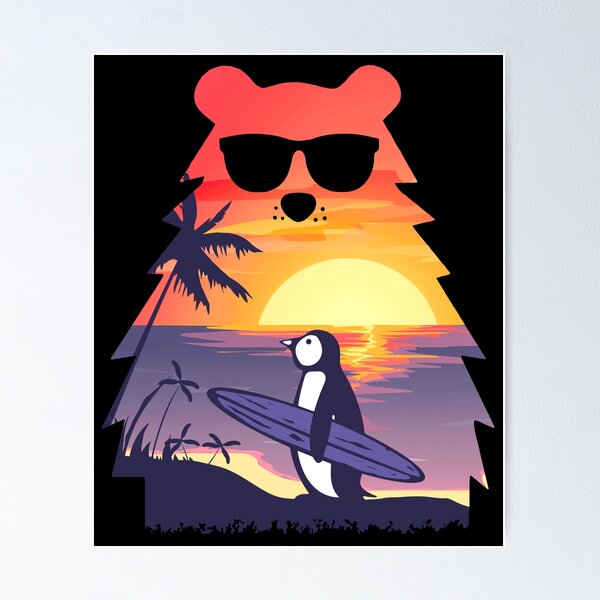 Poster Pinguin-3d mit seinem super cool Surfbrett 