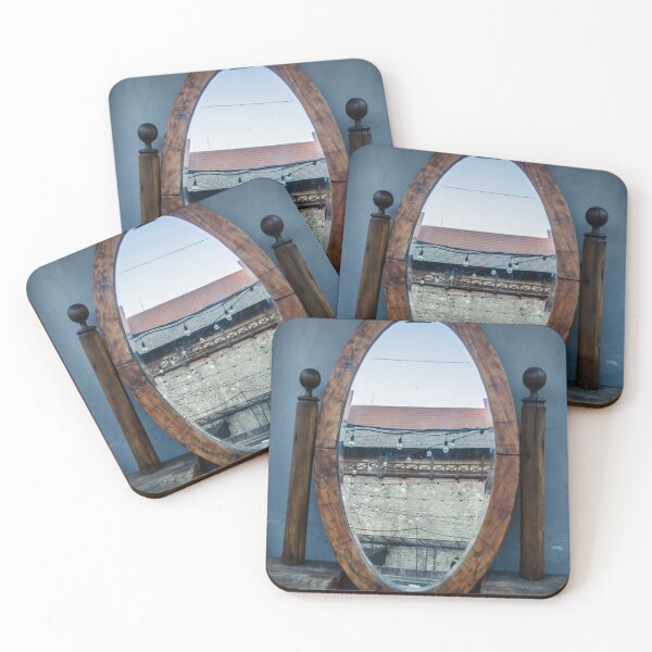 Item preview, Vintage mirror in a wooden frame on a background of blue walls with a reflection of the city.Vertical photo of cityscape. designed and sold by annaveres.