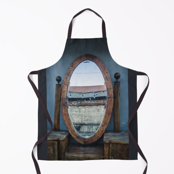 Item preview, Vintage mirror in a wooden frame on a background of blue walls with a reflection of the city.Vertical photo of cityscape. designed and sold by annaveres.