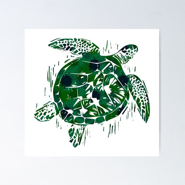 Festive Sea Turtle - Digital Linocut Poster for Sale by