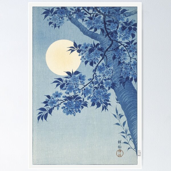 Vista previa del artículo con la obra «Cerezos en flor en una noche de luna llena, de Ohara Koson», diseñado y vendido por see-the-fox.