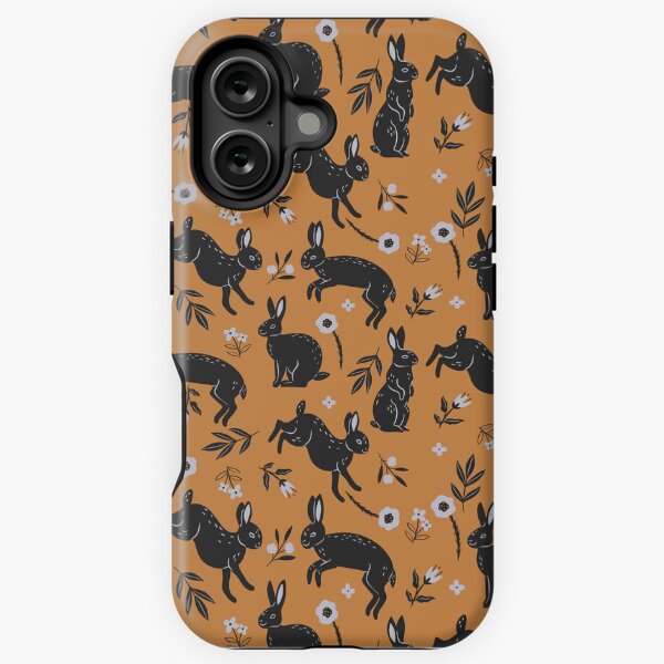 Aperçu de l'œuvre modèle avec des lapins noirs et des fleurs sur fond orange créée et vendue par burbura.