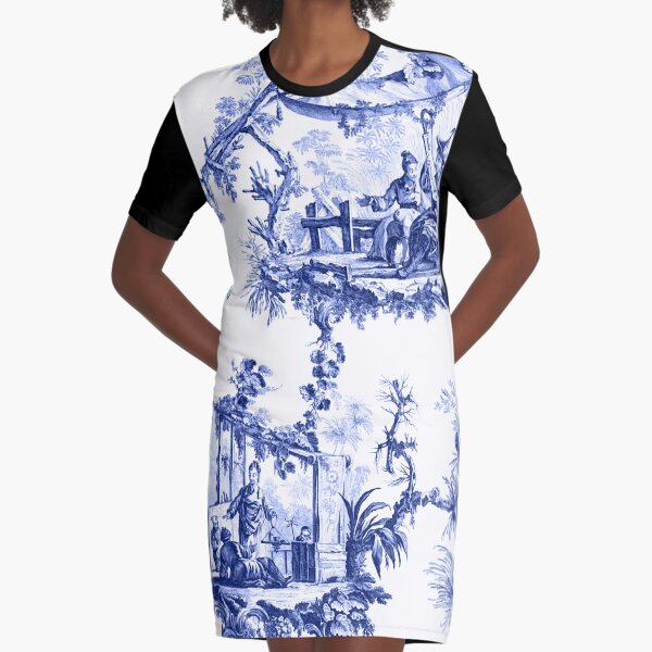 Blue Chinoiserie Toile Graphic T-Shirt Dress