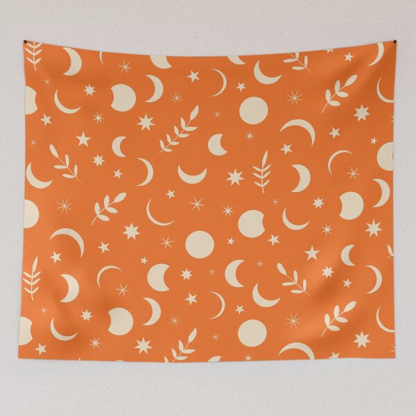 Item preview, Boho Moon Phases Pattern with leaves and tiny stars  on  Orange Background  designed and sold by Yasminepatterns .