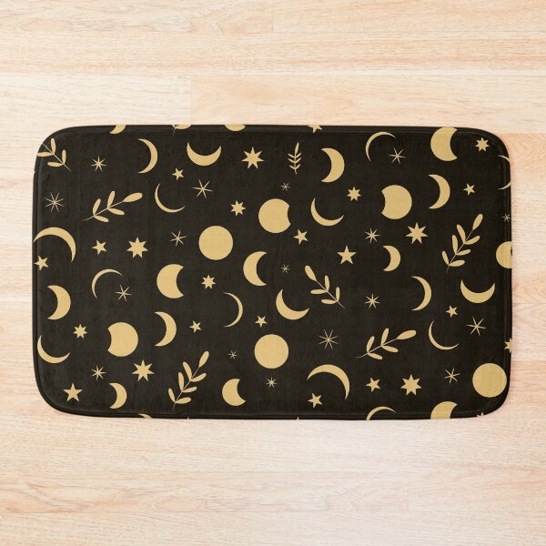 Item preview, Yellow Boho Moon Phases Pattern with leaves and stars on black background  designed and sold by Yasminepatterns .