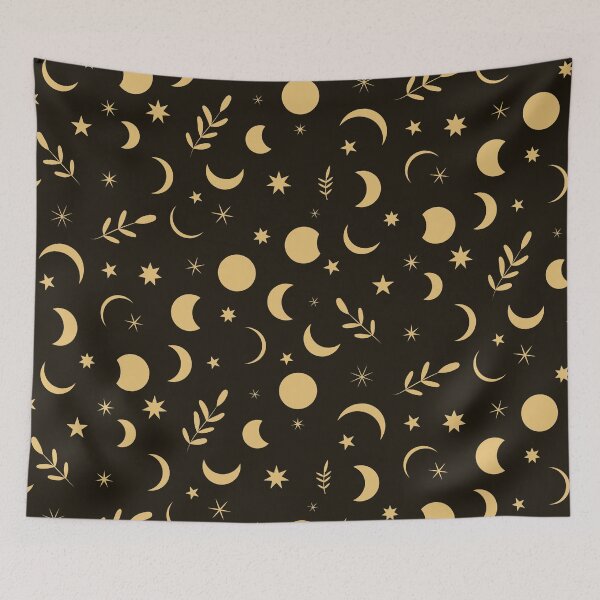 Item preview, Yellow Boho Moon Phases Pattern with leaves and stars on black background  designed and sold by Yasminepatterns .