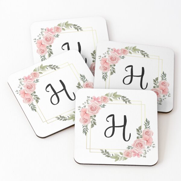 Artikelvorschau, Monogrammbuchstabe H | Rosa Blumenmuster mit goldenen Rändern entworfen und verkauft von JustSeasons.