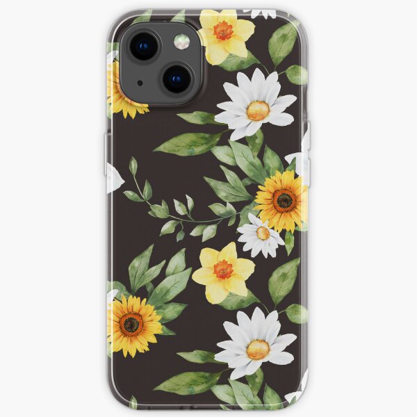  Aesthetic yellow sunflower pattern on black background. Colorful Illustration. Scandinavian floral design, Iphone and Samsung galaxy case iPhone Soft Case