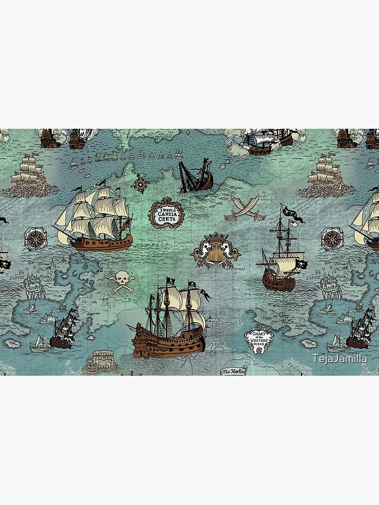 Thumbnail 4 of 4, Zipper Pouch, Pirate Map Nautical Sea Print Ocean Blue & Sea Glass Green designed and sold by TejaJamilla.