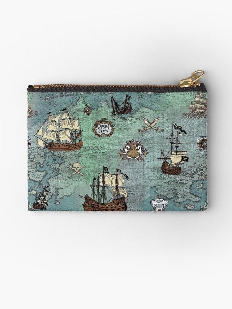 Thumbnail 1 of 4, Zipper Pouch, Pirate Map Nautical Sea Print Ocean Blue & Sea Glass Green designed and sold by TejaJamilla.