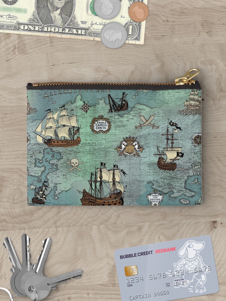 Thumbnail 3 of 4, Zipper Pouch, Pirate Map Nautical Sea Print Ocean Blue & Sea Glass Green designed and sold by TejaJamilla.