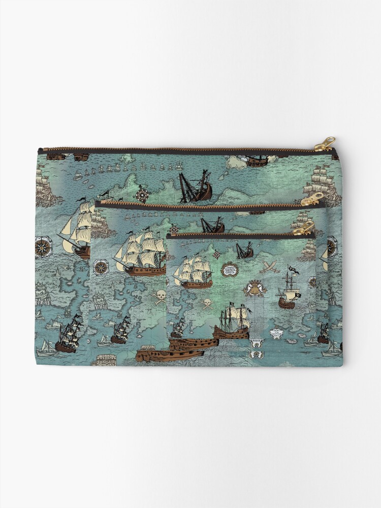 Thumbnail 2 of 4, Zipper Pouch, Pirate Map Nautical Sea Print Ocean Blue & Sea Glass Green designed and sold by TejaJamilla.