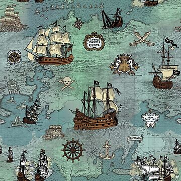 Artwork thumbnail, Pirate Map Nautical Sea Print Ocean Blue & Sea Glass Green by TejaJamilla