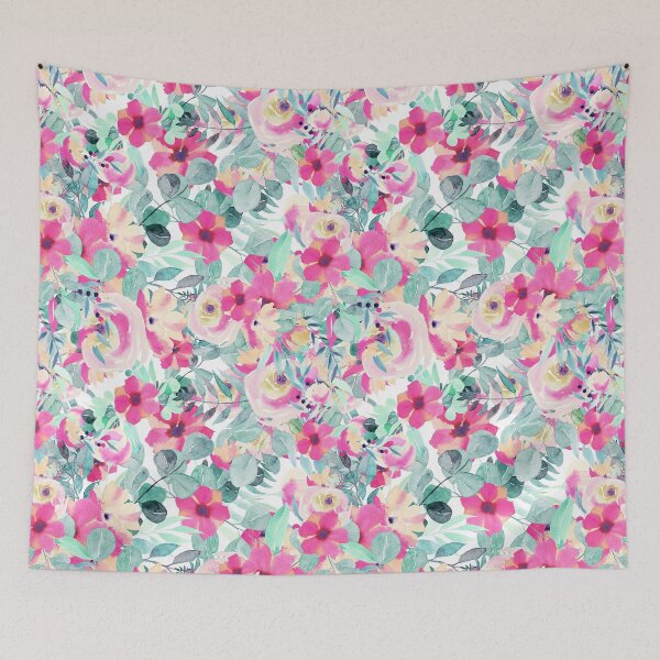 Item preview, Modern Pink Aesthetic Jungle tropical art pattern. Blue, red and yellow pastel painting.Colorful flowers designed and sold by AimiAesthetic.