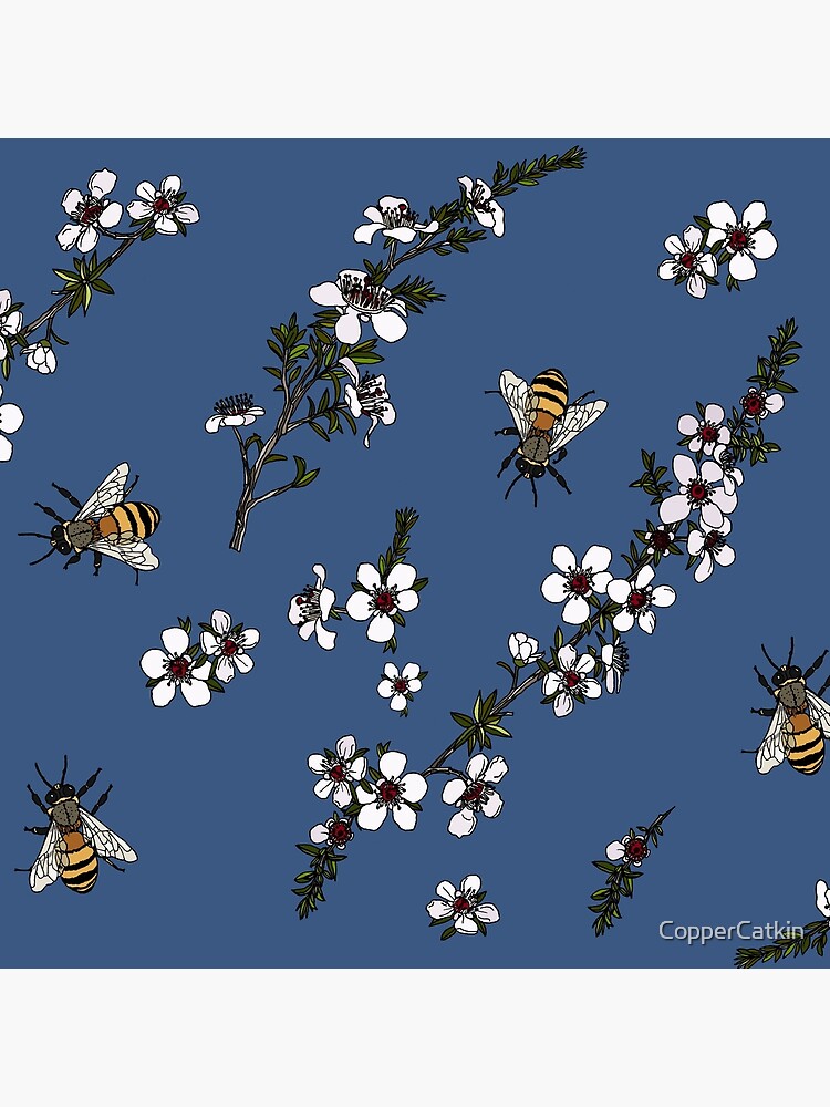 Discover Manuka with Bees on rich blue Throw Pillow