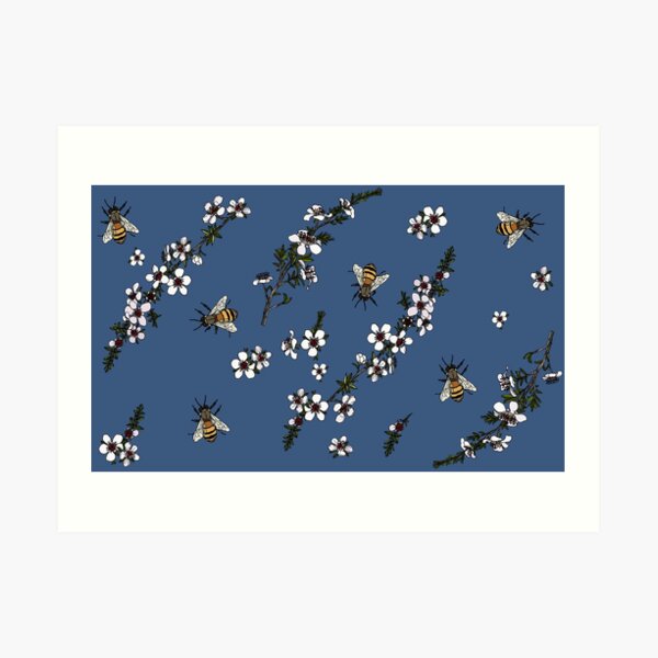 Manuka with Bees on rich blue Art Print