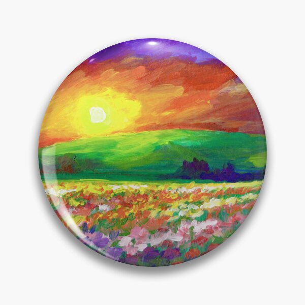 Item preview, Fine Art Rich Sunset Landscape Painting - Sunset over beautiful flower fields designed and sold by Orianah.