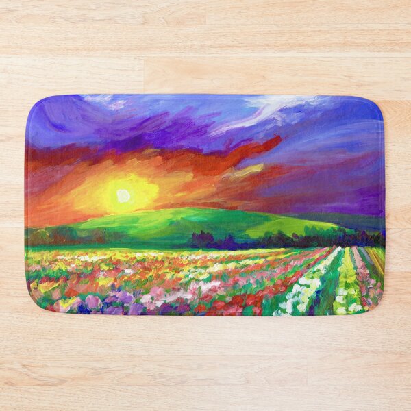 Item preview, Fine Art Rich Sunset Landscape Painting - Sunset over beautiful flower fields designed and sold by Orianah.