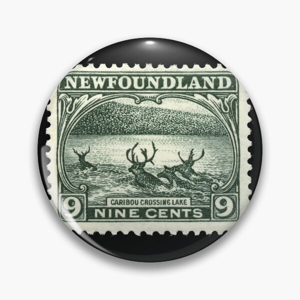 Item preview, vintage Newfoundland postage stamp - 9 cents caribou crossing lake designed and sold by Signs for Dark Times.