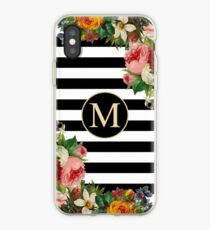 Monogram M On Vintage Flowers And Black And White Stripes iPhone Case