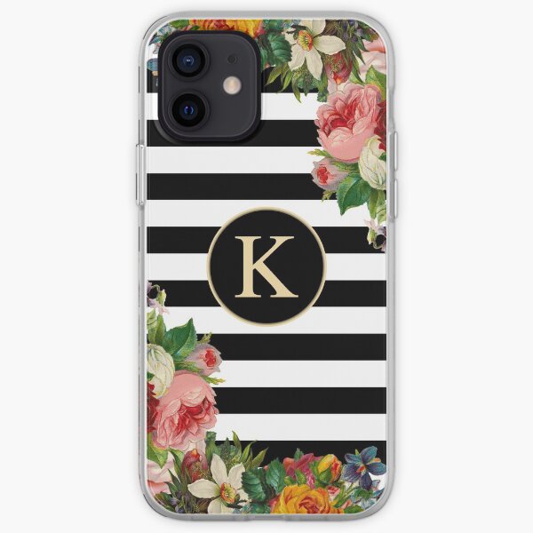 Monogram K On Vintage Flowers And Black And White Stripes iPhone Soft Case