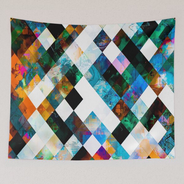 Item preview, geometric pixel square pattern abstract background in green blue brown designed and sold by Mrvell.