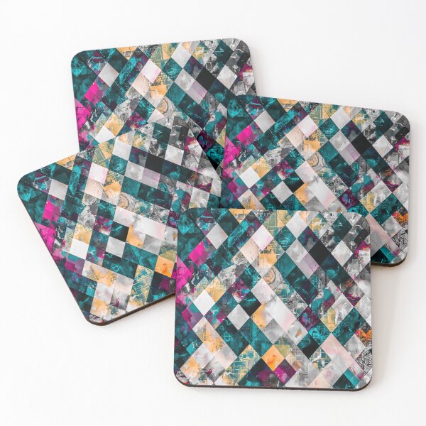 Item preview, geometric pixel square pattern abstract background in blue yellow pink designed and sold by Mrvell.