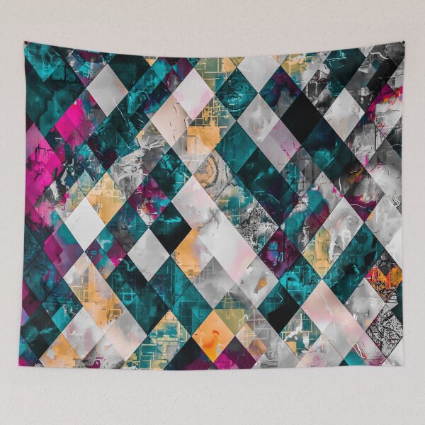 Item preview, geometric pixel square pattern abstract background in blue yellow pink designed and sold by Mrvell.