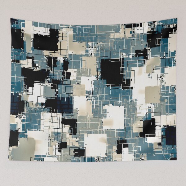 Item preview, geometric pixel square pattern abstract background in blue black and white designed and sold by Mrvell.