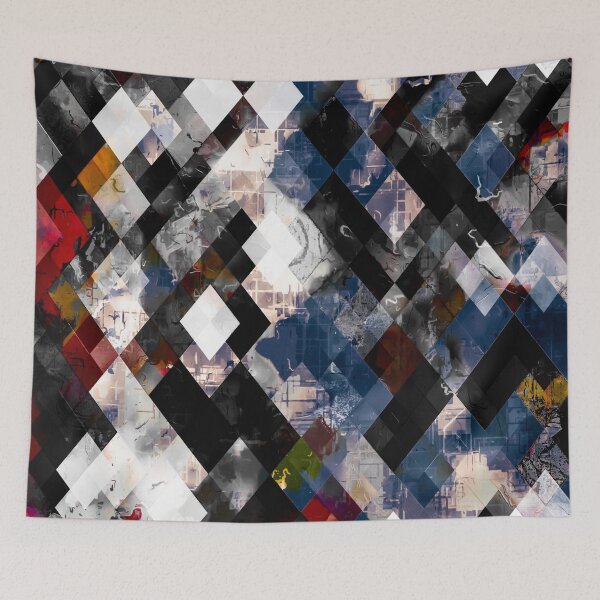 Item preview, geometric pixel square pattern abstract background in blue red black designed and sold by Mrvell.