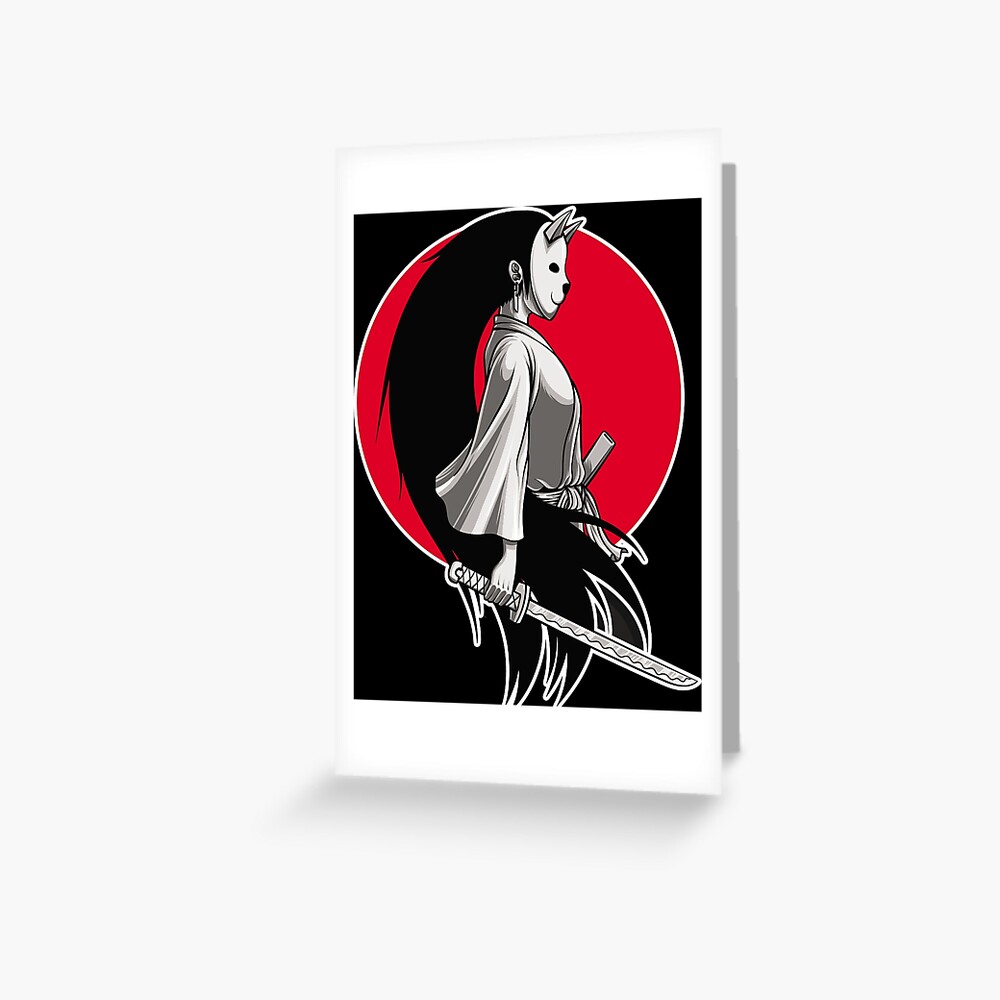 "Anime Samurai Girl with kitsune mask and katana" Greeting Card by