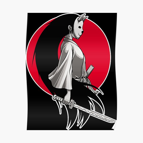 "Anime Samurai Girl with kitsune mask and katana" Poster for Sale by