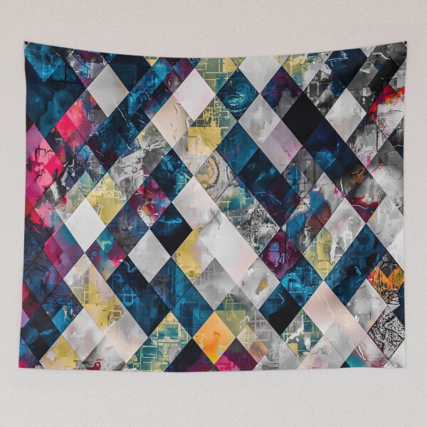 Item preview, geometric pixel square pattern abstract background in blue pink designed and sold by Mrvell.