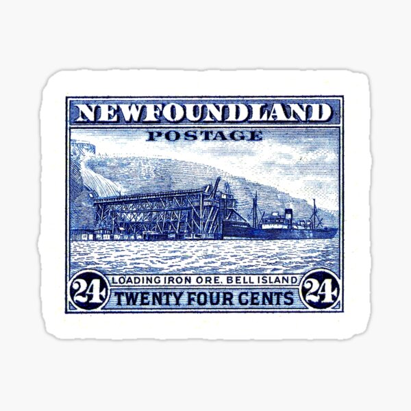 vintage Newfoundland postage stamp featuring Bell Island with wooden stage and pier with steam ferry boat Sticker
