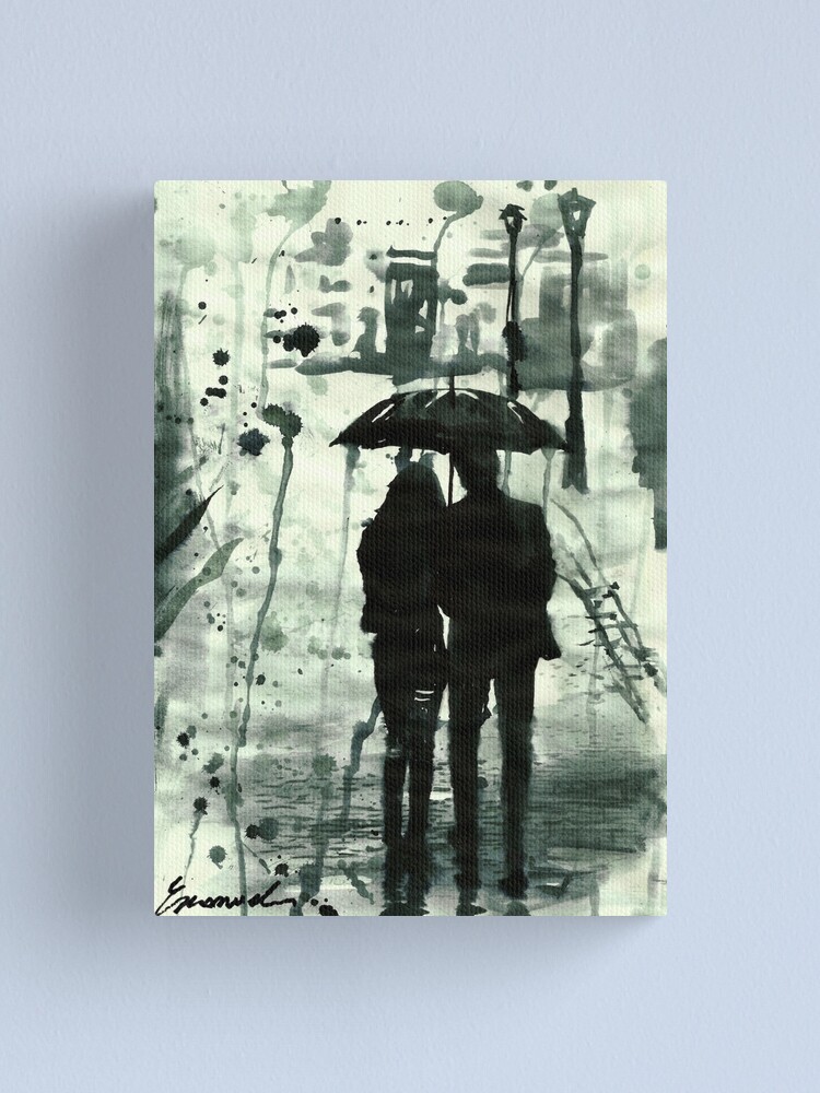 Rainy Day Ink Drawing Couple With Umbrella Love Canvas Print By Art2print Redbubble