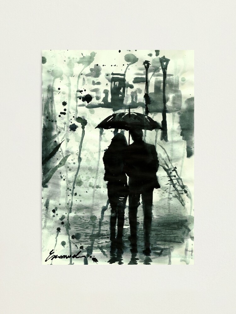 Rainy Day Ink Drawing Couple With Umbrella Love Photographic Print By Art2print Redbubble