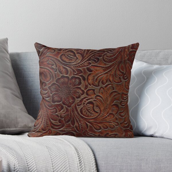 Burnished Rich Brown Tooled Leather Throw Pillow