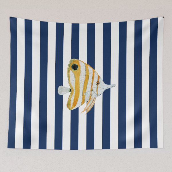 Item preview, Yellow and White Angelfish on Navy Blue Stripes designed and sold by HiddenPuppets.