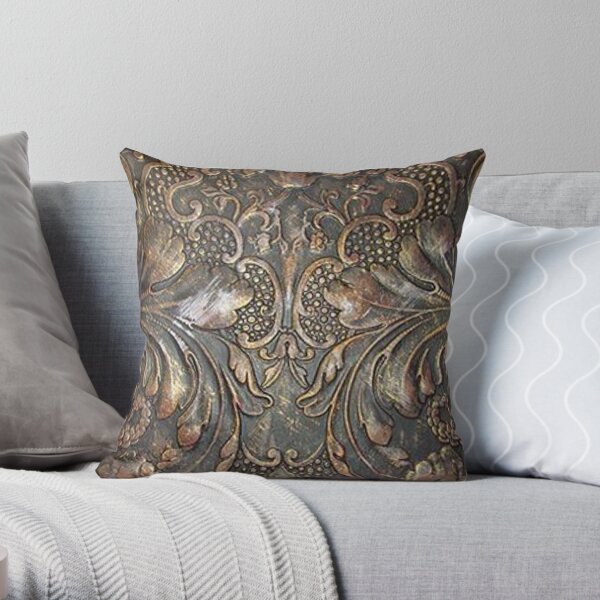 Golden Brown Carved Tooled Leather Throw Pillow