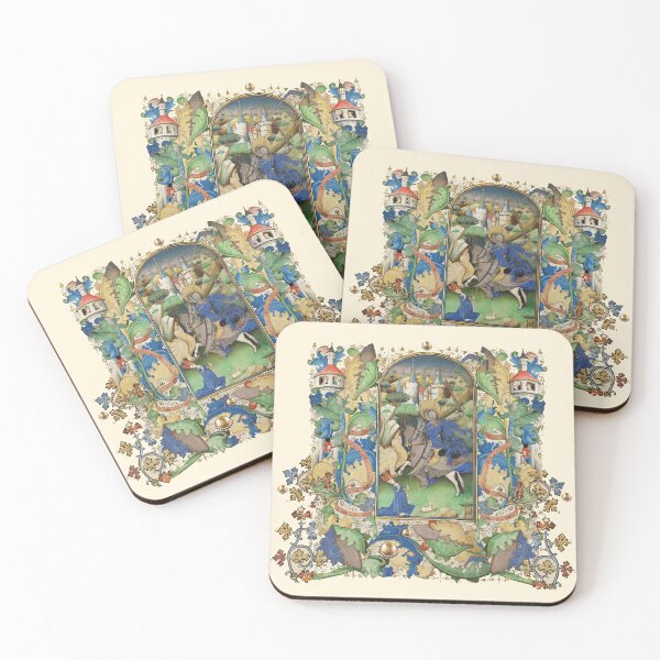 Item preview, Saint George,Dragon and Princess ,Medieval Miniature in Blue Green Floral Leaves designed and sold by BulganLumini.