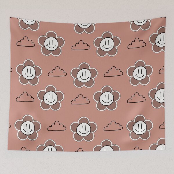 Item preview, Neutral Smiley Flowers and clouds Brown and white retro style designed and sold by DemonicGloom.