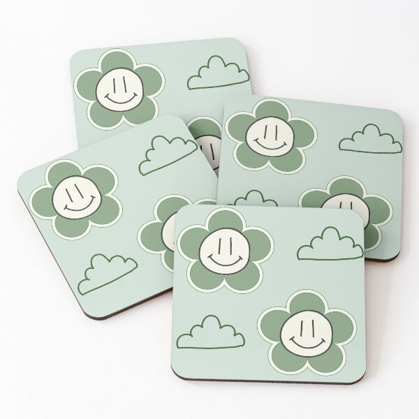 Item preview,  Smiley Flowers and clouds muted green retro style designed and sold by DemonicGloom.
