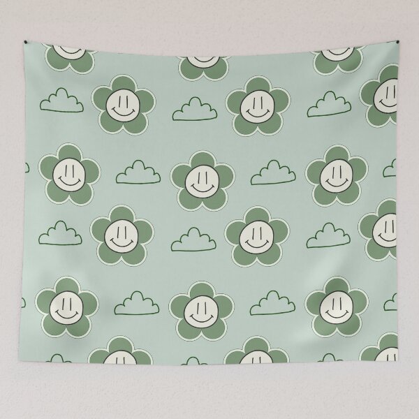 Item preview,  Smiley Flowers and clouds muted green retro style designed and sold by DemonicGloom.