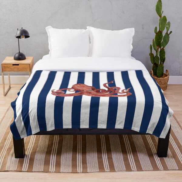 Item preview, Watercolor Octopus on Navy Blue and White Vertical Stripes  designed and sold by HiddenPuppets.