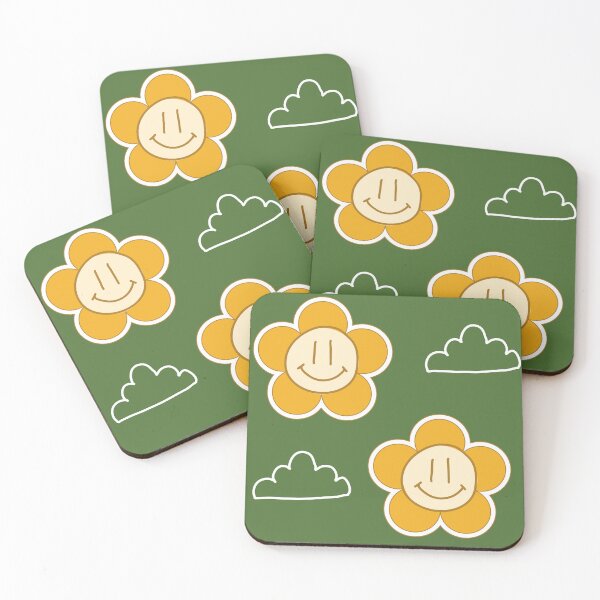 Item preview, Smiley Flowers and clouds Green and yellow retro style designed and sold by DemonicGloom.