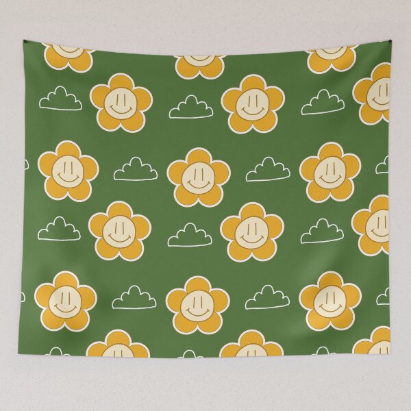 Item preview, Smiley Flowers and clouds Green and yellow retro style designed and sold by DemonicGloom.