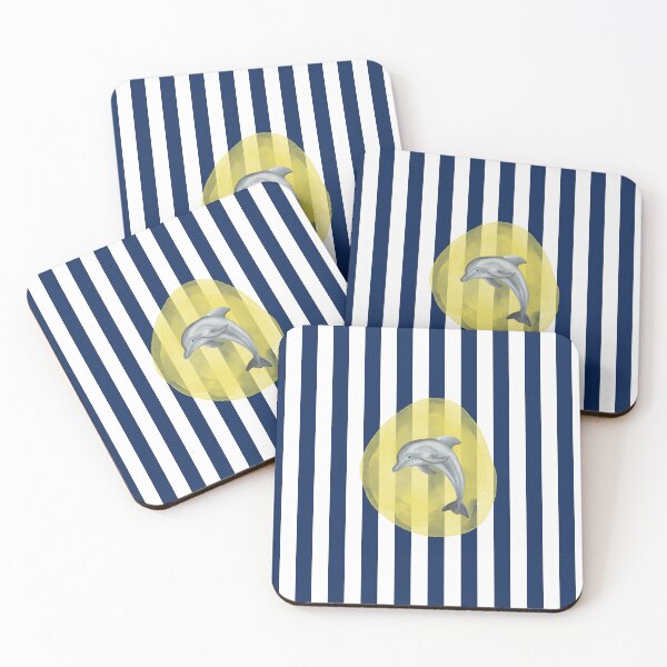 Item preview, Cute Dolphin and Yellow Watercolor on Navy Blue and White Vertical Stripes  designed and sold by HiddenPuppets.